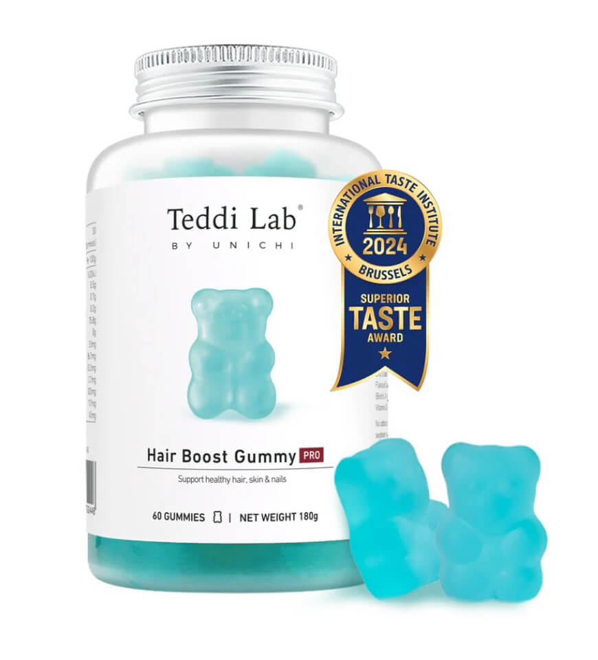 Unichi Teddi Lab 養髮小熊軟糖 PRO 瓶身實拍，藍色小熊造型，榮獲 Superior Taste Award