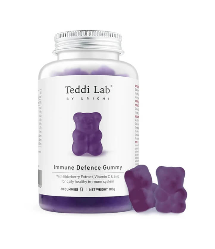 Unichi Teddi Lab 免疫力小熊軟糖瓶裝正面展示，紫色小熊造型