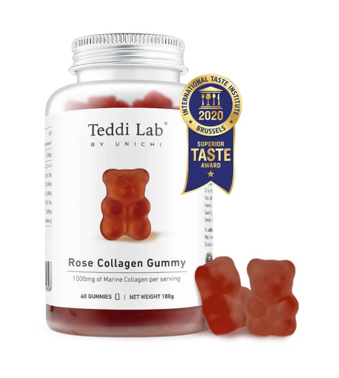 Unichi Teddi Lab 玫瑰膠原蛋白軟糖瓶身實拍，紅色小熊軟糖
