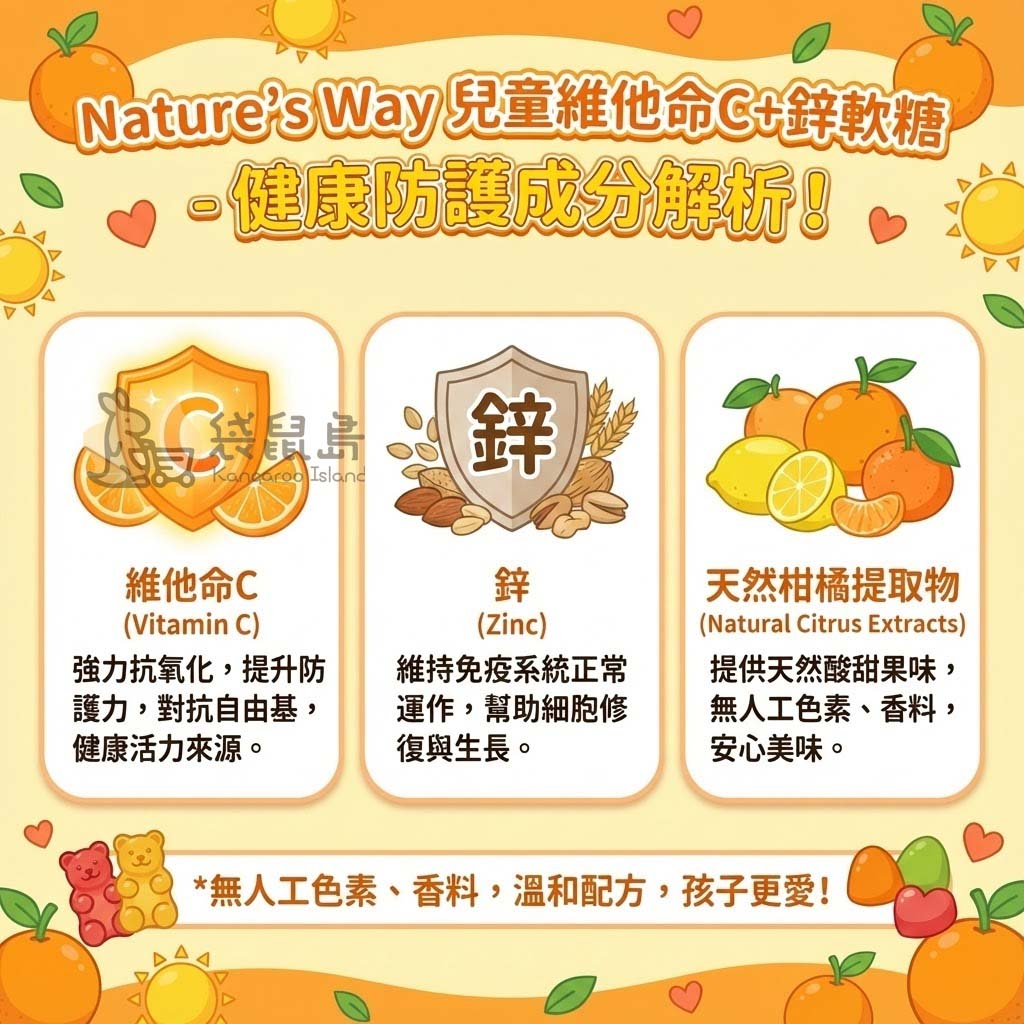兒童C+鋅成分解析：維他命C強力抗氧化、鋅維持免疫系統正常運作、天然柑橘提取物美味安心無人工色素。