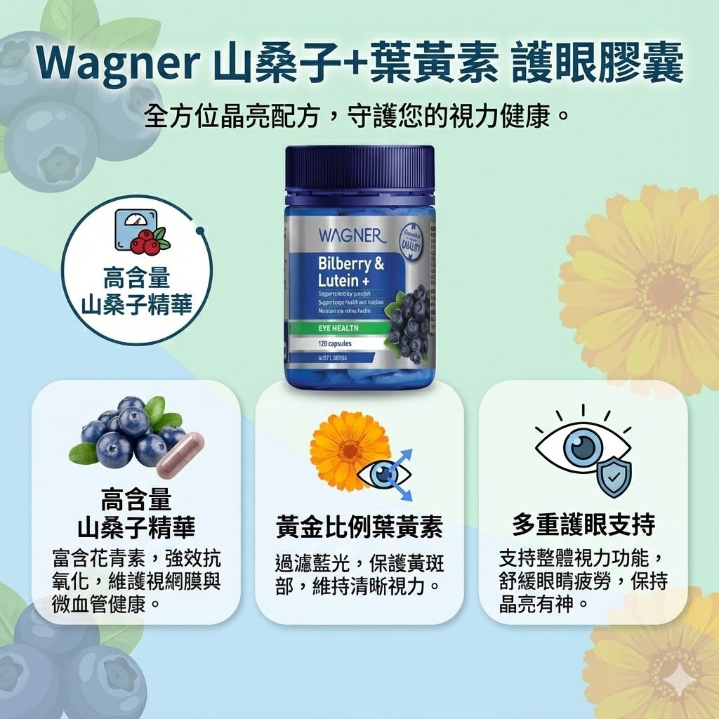 Wagner 山桑子葉黃素護眼膠囊 120 粒，高含量山桑子精華與黃金比例葉黃素，全方位晶亮配方，支持視網膜、過濾藍光、舒緩眼睛疲勞。