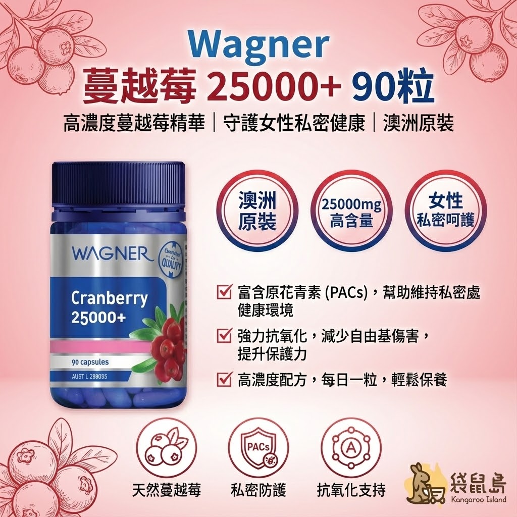 Wagner 蔓越莓產品特點：澳洲原裝、25000mg高含量、女性私密呵護