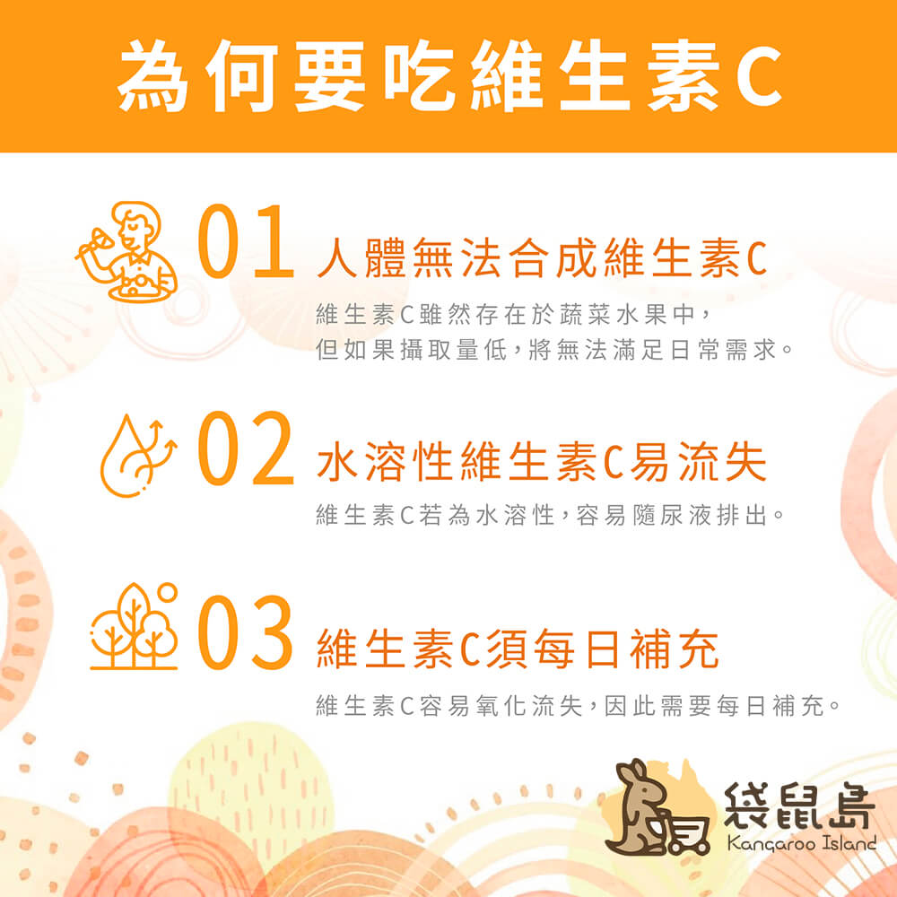 為何要吃維生素 C：人體無法合成、水溶性易流失、需每日補充。