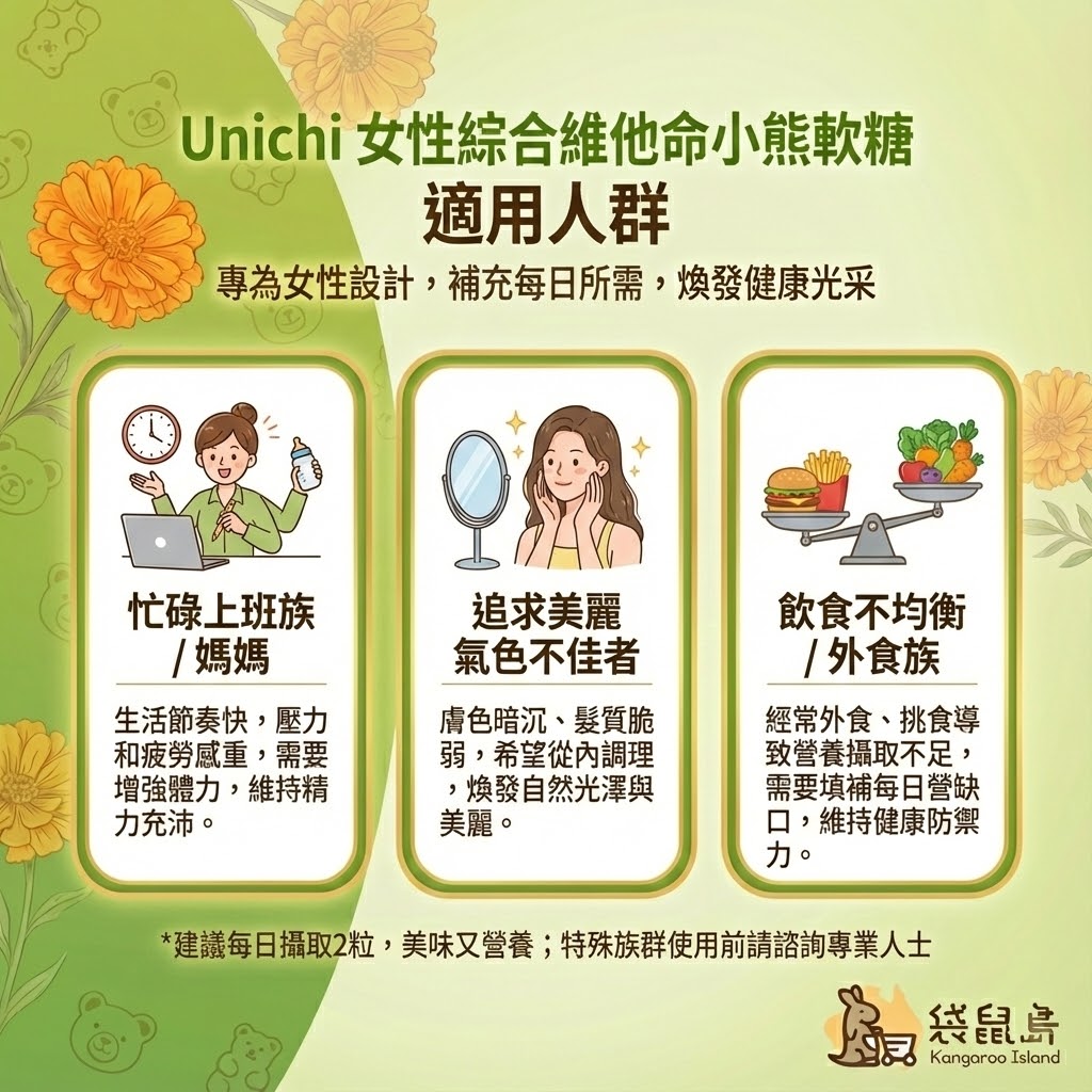 Unichi 女性綜合維他命適用人群：忙碌上班族、外食族與追求美麗氣色者